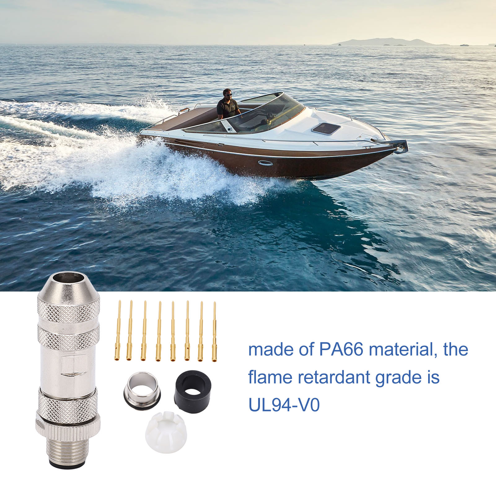 M12 8 Pin Sensor Connector, Flame Retardant Straight Sensor Cable Plug Adapter Male for RVs. 