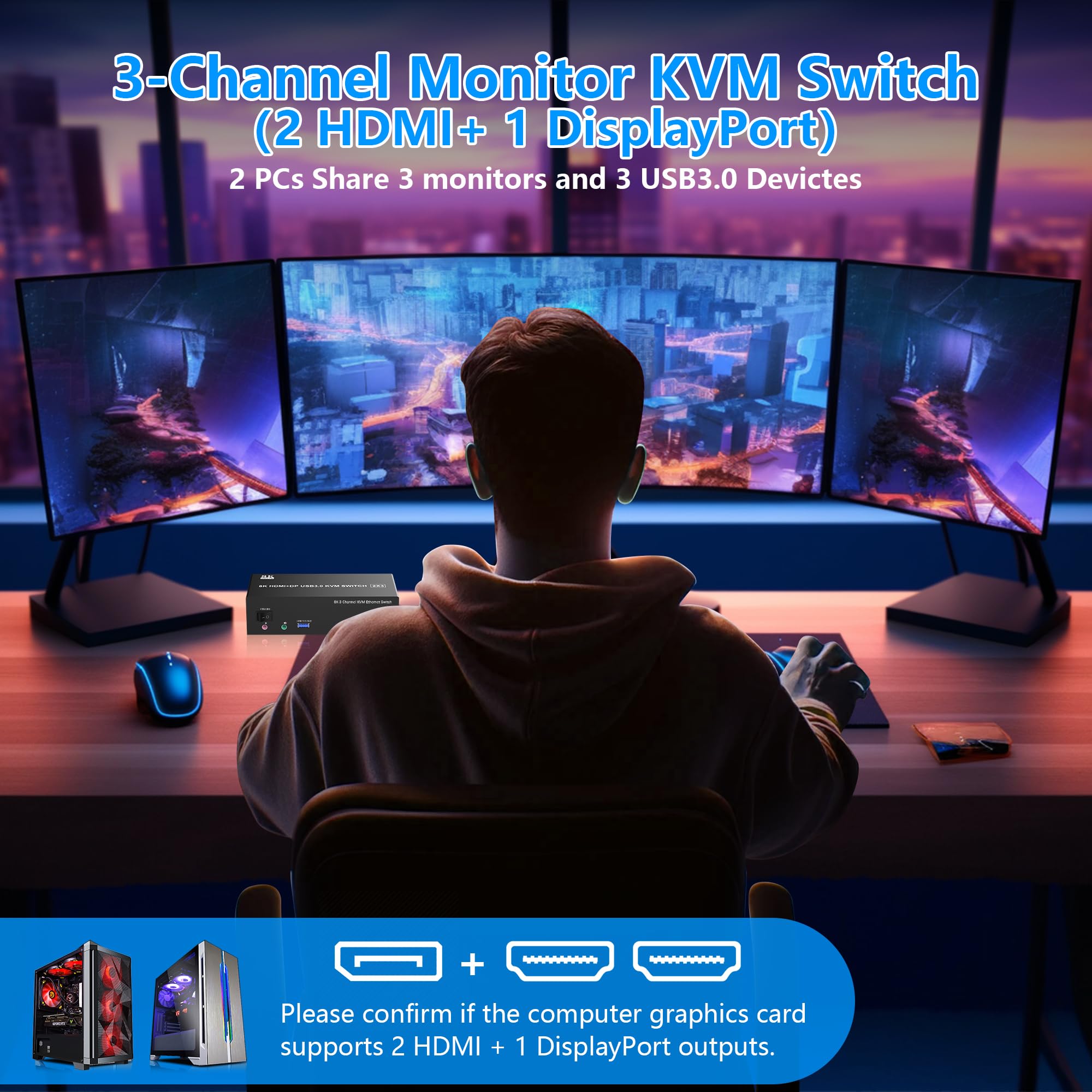 2 HDMI + DisplayPort USB3.0 KVM Switch 8K@60Hz 4K@144Hz Triple Monitor for 2 Computer Share 1000Mbps Ethernet, 3 USB 3.0 Ports. 