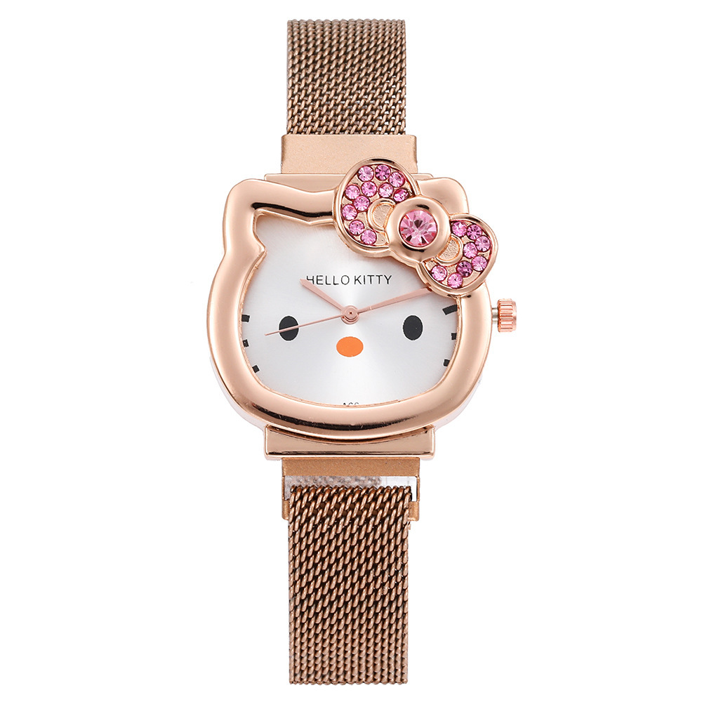 Silver Golden Children's Mesh Strap Watch Student Cartoon KT Cat Girl Quartz Watch Magnet Watch