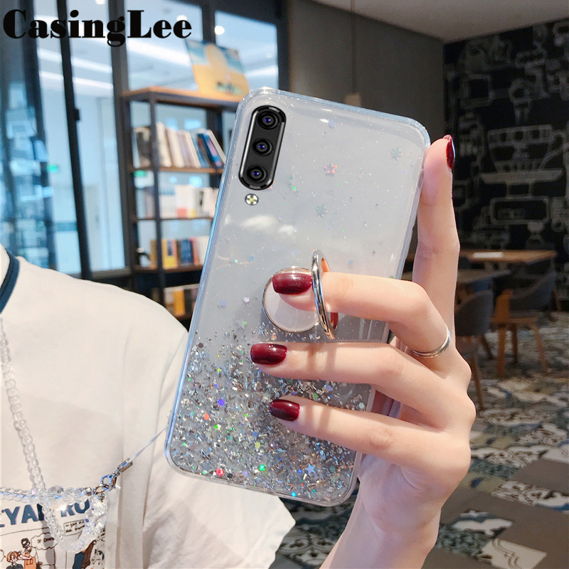 Casinglee for Samsung Galaxy A70 case Shiny Ring Glitter Soft Transparent Holder Stand Back cover with String for Samsung A70 Phone cases cover Stars Moon Girls. 