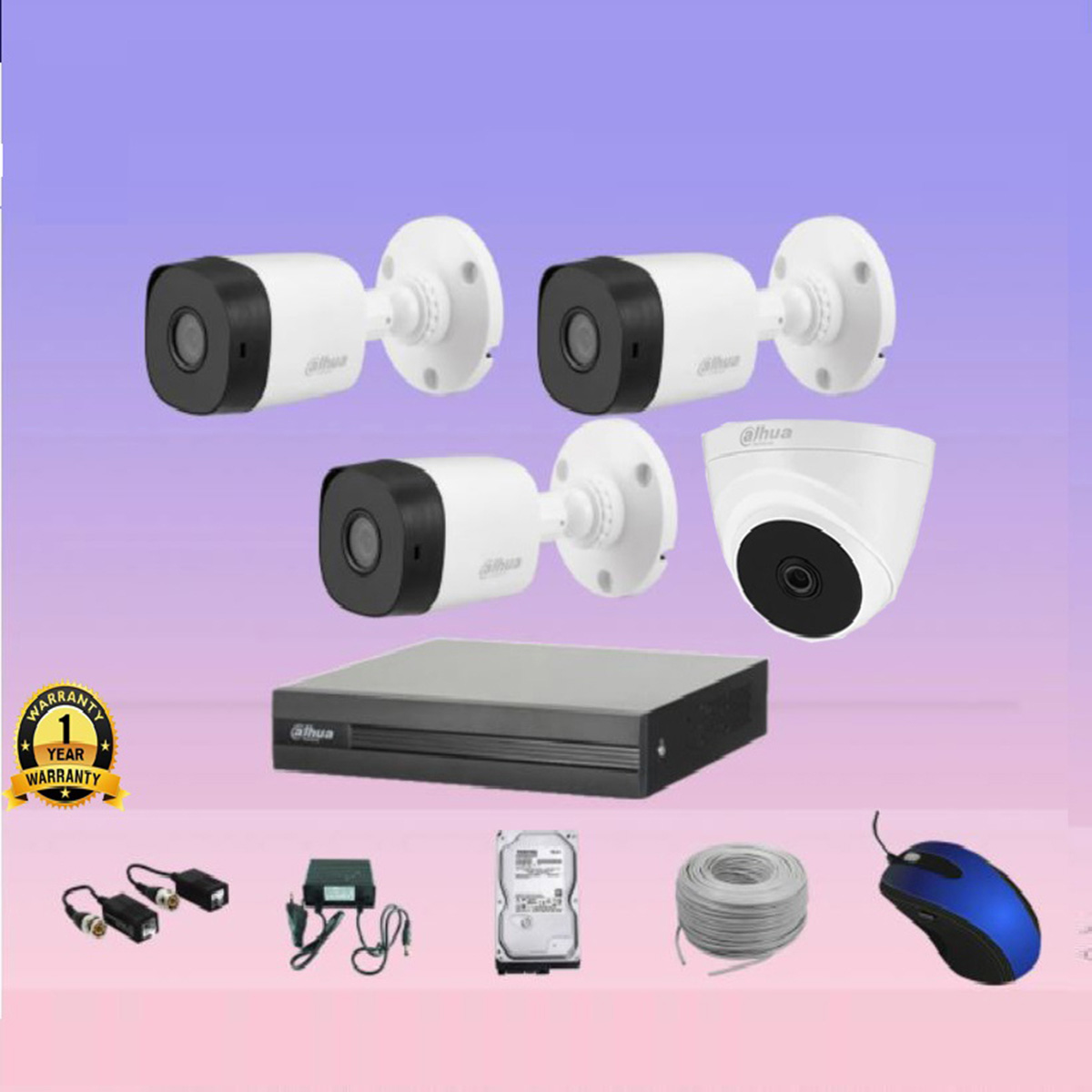DAHUA 4-Pcs Set Full Color HD CCTV CAMERA PACKAGE with All Accessories (2MP-1080p Camera)