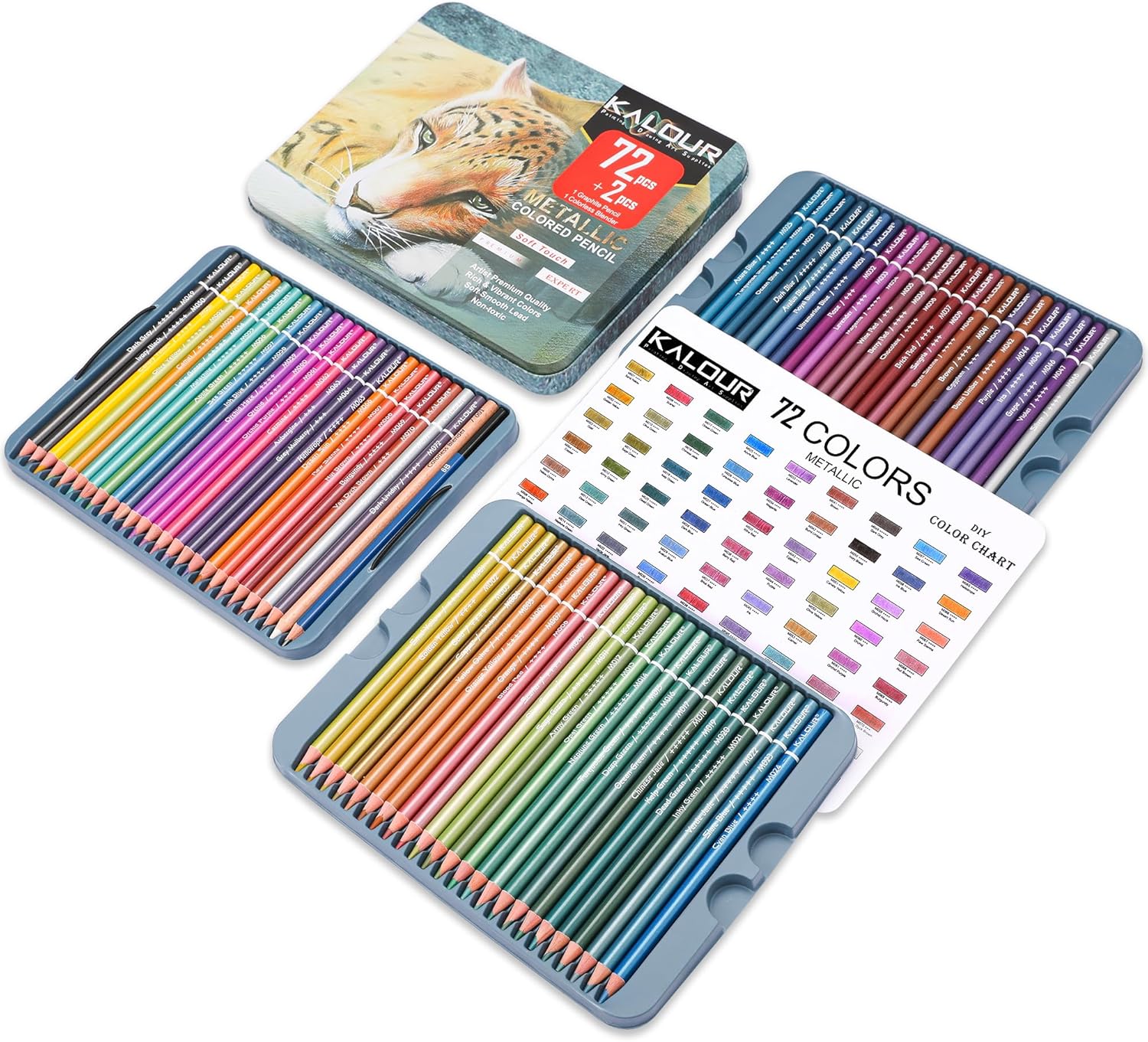 KALOUR 72 Piece Metallic Colored Pencils Soft Core with Vibrant Color Ideal for Drawing Blending Sketching Shading Coloring. 