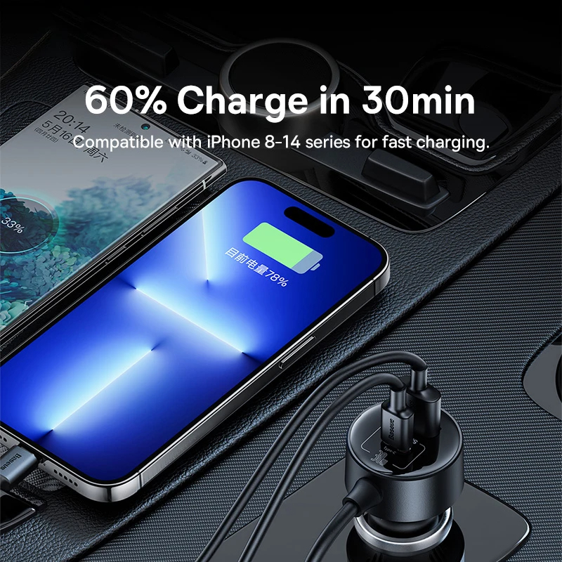 Baseus Car Charger High Efficiency Pro 1-for-2 Car Cigarette Lighter With 30W USB C USB A port. 