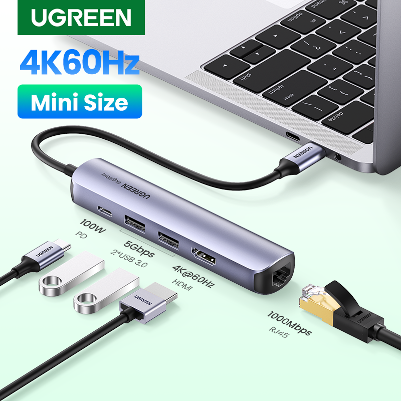 UGREEN USB C Hub Ethernet, 5 in 1 Multi Port Adapter with Gigabit Ethernet Port 4K HDMI USB C PD Charging and 2 USB 3.0 Compatible with MacBook, iPad Pro, XPS, Pixelbook, Surface, Chromebook and More. 
