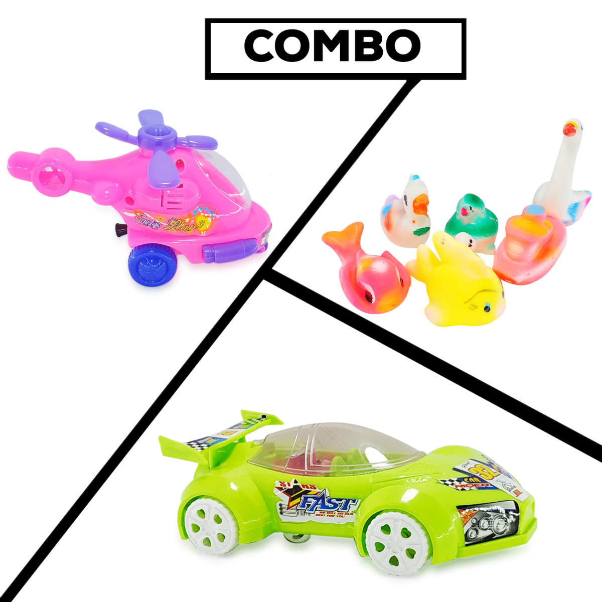 FANCY HELECOPTER WITH SOUND MAKING RUBBER SQUIZING TOYS & LIGHTING FAST RACING CAR COMBO PACK FOR YOUR KIDS