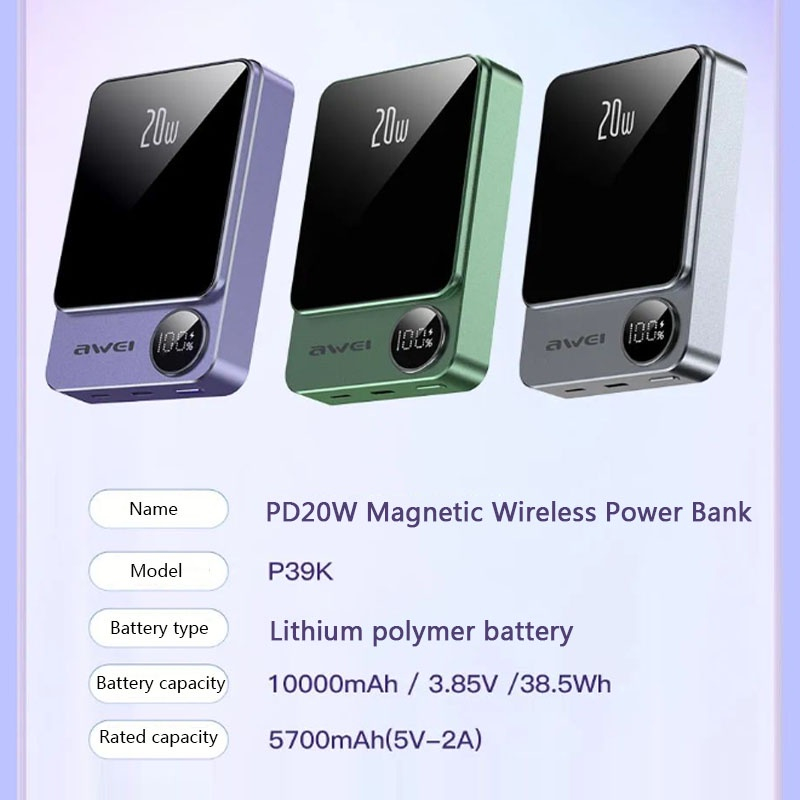 AWEI P39K 15W Wireless Magnetic 10000mAh Power Bank 22.5W 5A PD 20W Super Fast Charging with Digital Display. 