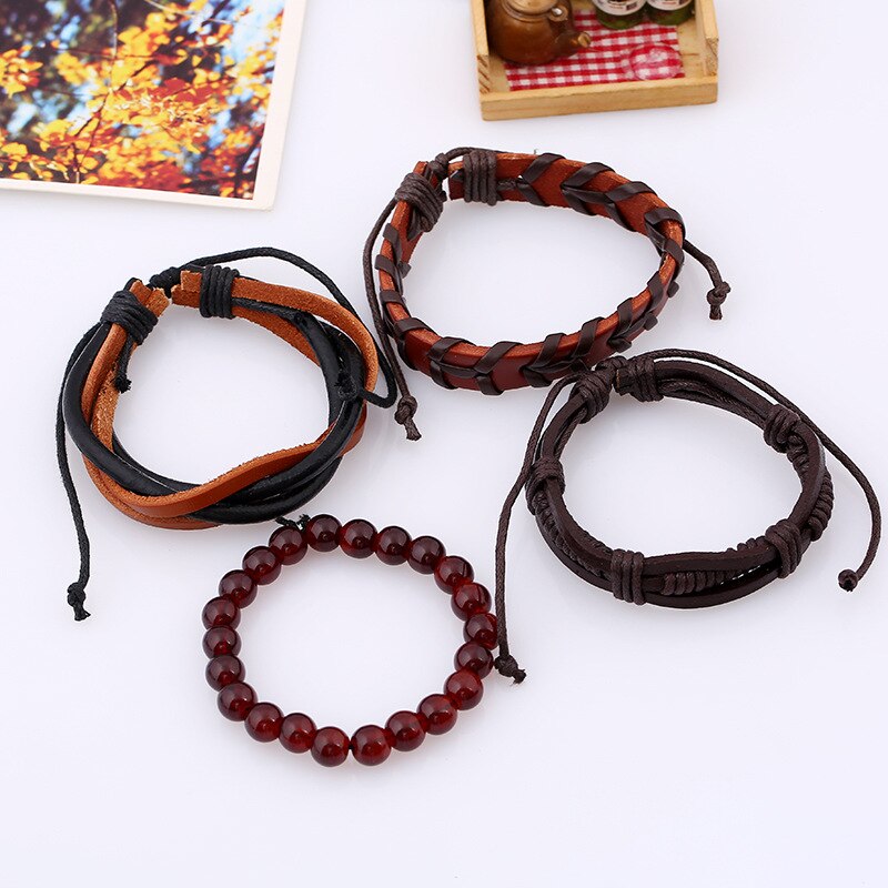 Jessingshow 4pcs/set Gypsy Hippie Punk Style Light Dark Brown Beads Wrap Leather Cord Layers Stackable Bracelets Bangle Man Set. 