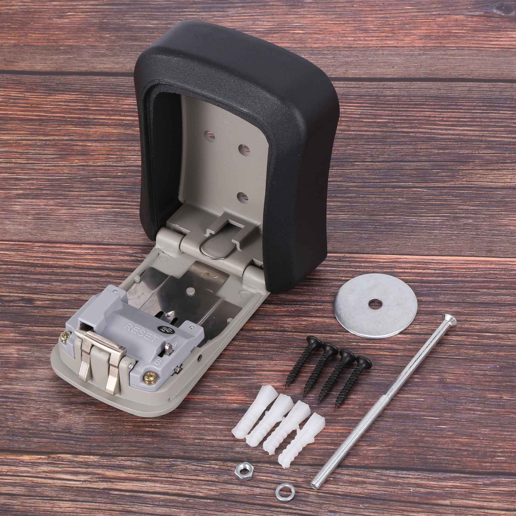 Key code lock box-2 x Key Storage Box
8 x screws
8 x Expansion tube
2 x User Manual(English)-Black & Gray. 