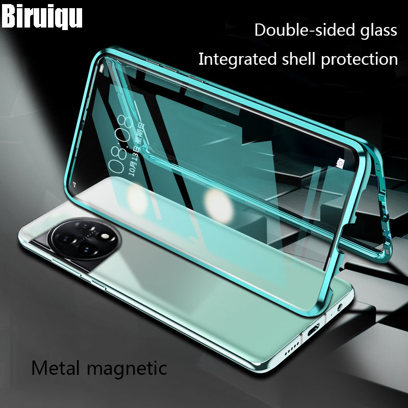 GOKEN Cover OnePlus 11 Con 2 Vetri Temperati - Custodia Ibrida TPU/PC Con Anello Magnetico 360° - Blu - 3