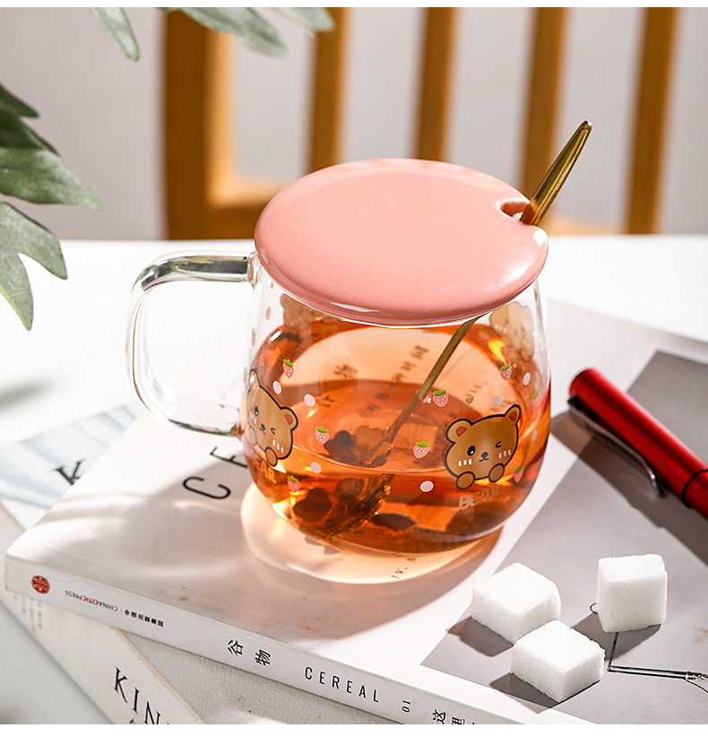 Creative transparent pot belly cup Japanese flower scale tea cup mug with lid and spoon high borosilicate milk coffee cup - Coffee Mug, WATER MUG