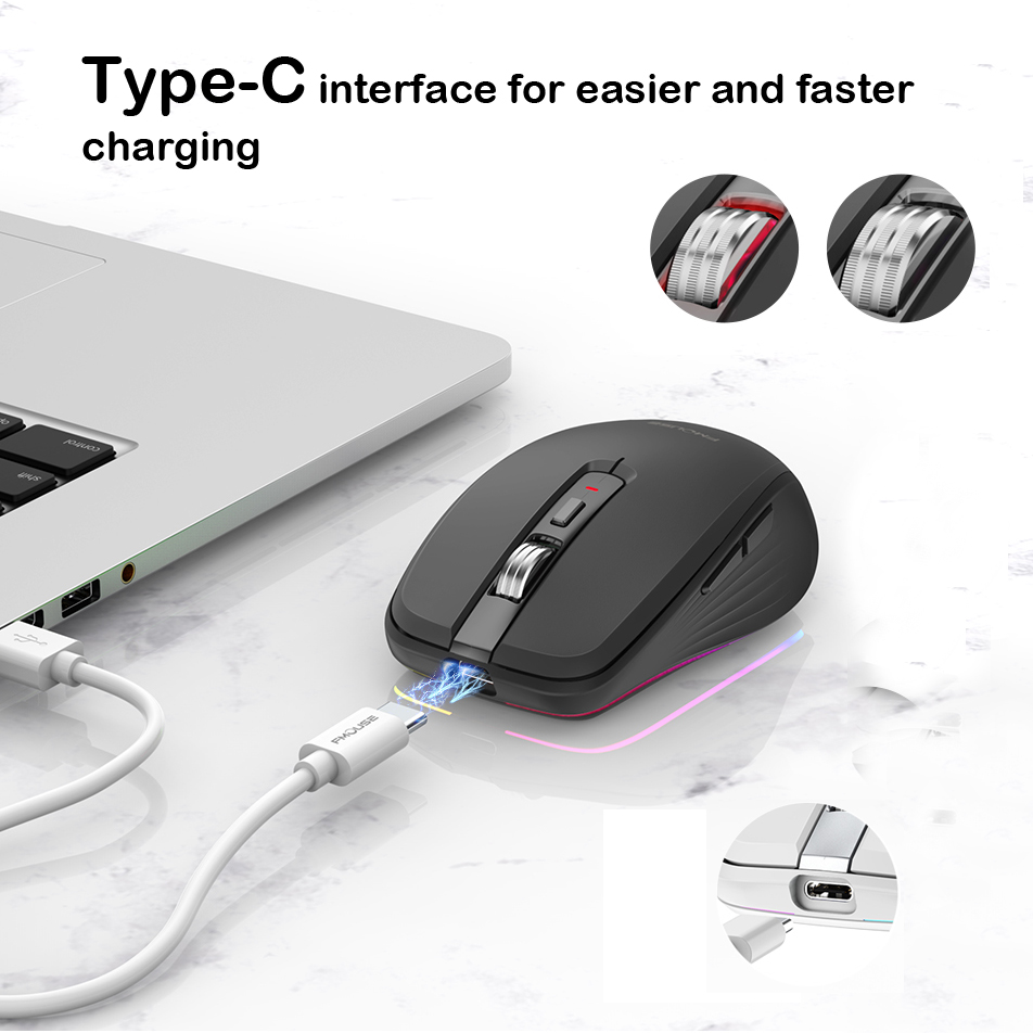 FMOUSE M303 Wireless Mouse Type-C Bluetooth 2.4G Rechargeable RGB Mouse with USB Receiver 4 Level DPI Adjustable Volume. 