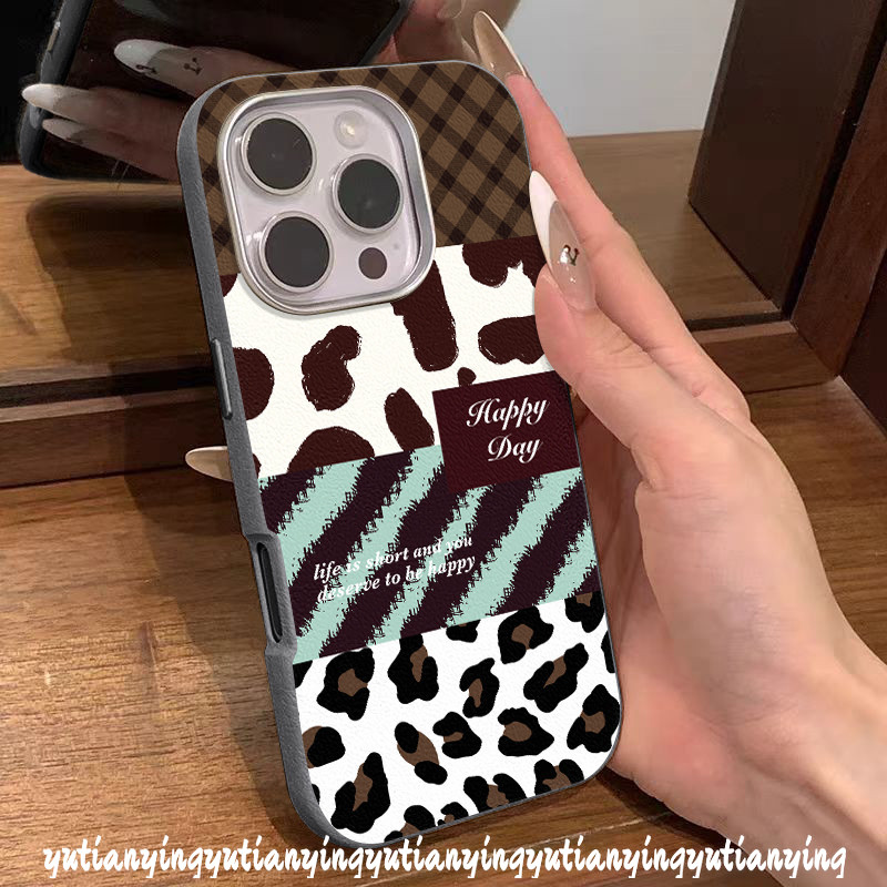 Retro Leopard Print Lattice Splice Skin Feel Leather Texture Case Compatible for IPhone 16 11 15 13 14 12 Pro Max 16Plus 16 14 15 Plus X XR XS Max Luxury 2 in 1 Metal Lens Frame Cover. 