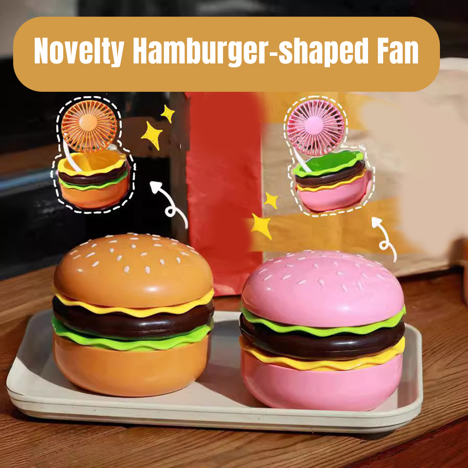Lumina Small Fan Portable Rechargeable Cooling Fan with Makeup Mirror 3 Speeds Foldable Design Burger Shape Desktop Fan Decorative Ornament Ideal for Rechargeable Fan. 