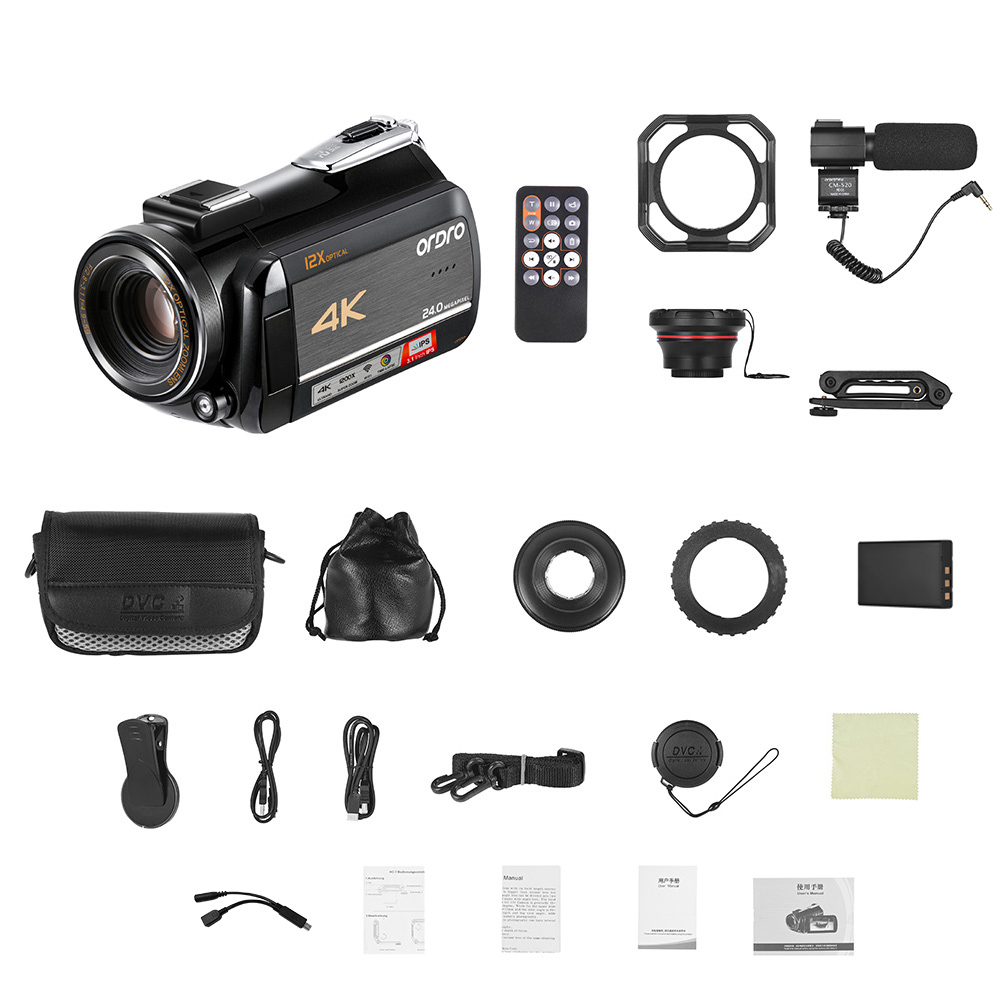 ORDRO AC5 4K WI-FI Digital Video Camera Camcorder Recorder DV 24MP 3.1 Inch IPS Touchscreen 12X Optical Zoom Time-Lapse Face Detection Anti-shake with 2pcs Lithium Batteries + 0.39X Wide Angle Lens + Lens Hood + External Microphone + Camera Holder. 