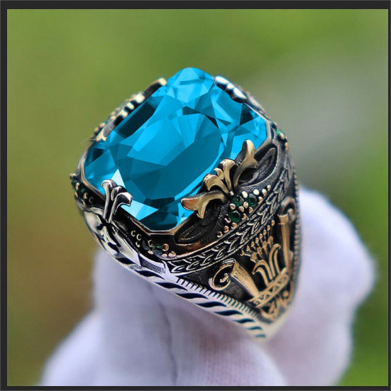 Retro Handmade Turkish Signet Rings for Men Ancient Silver Color Carved Ring Mystic Zircon Inlay New Punk Motor Biker Ring. 
