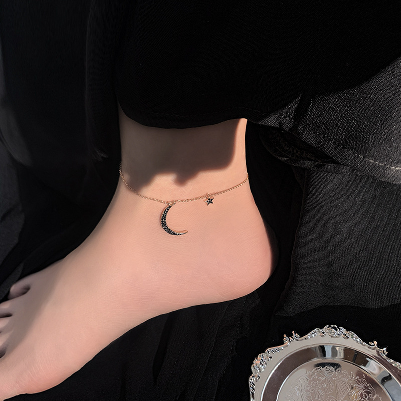 s925 silver moon star anklet for women 2021 new Korean version simple forest style small fresh and sexy ins internet celebrity trend