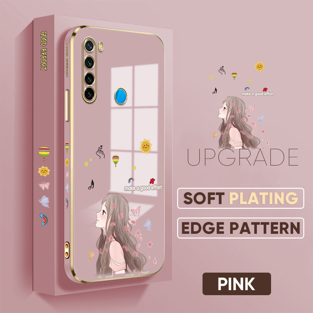 TA for Redmi Note 8 Back Cover + Free Lanyard Charming Girl Luxury 6D Plating Case Side Pattern Soft Silicone Square Phone Cases. 