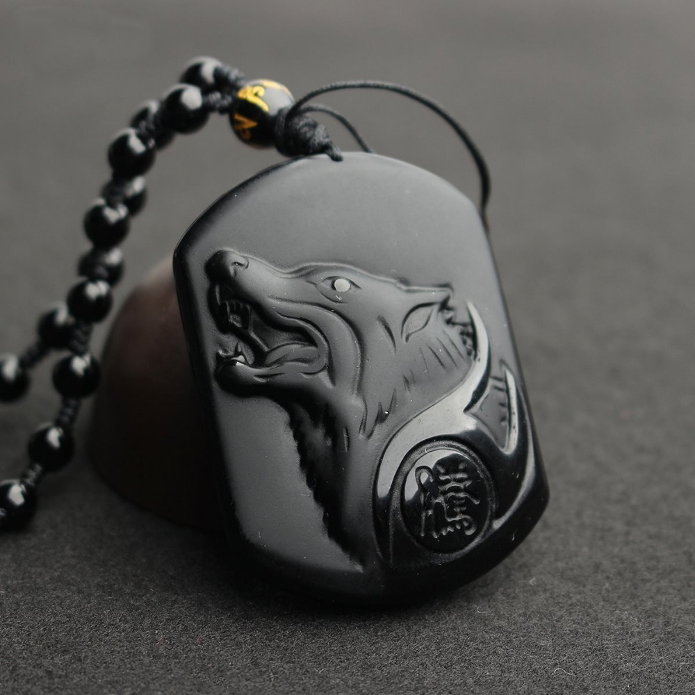Natural Black Obsidian Necklace Carving Wolf Head Amulet Pendant