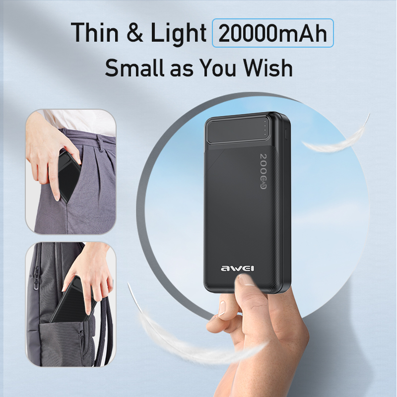 Awei P6K 20000mAh Fast Charging Dual USB Port Powerbank Micro USB and Type C Input Power Bank Black. 