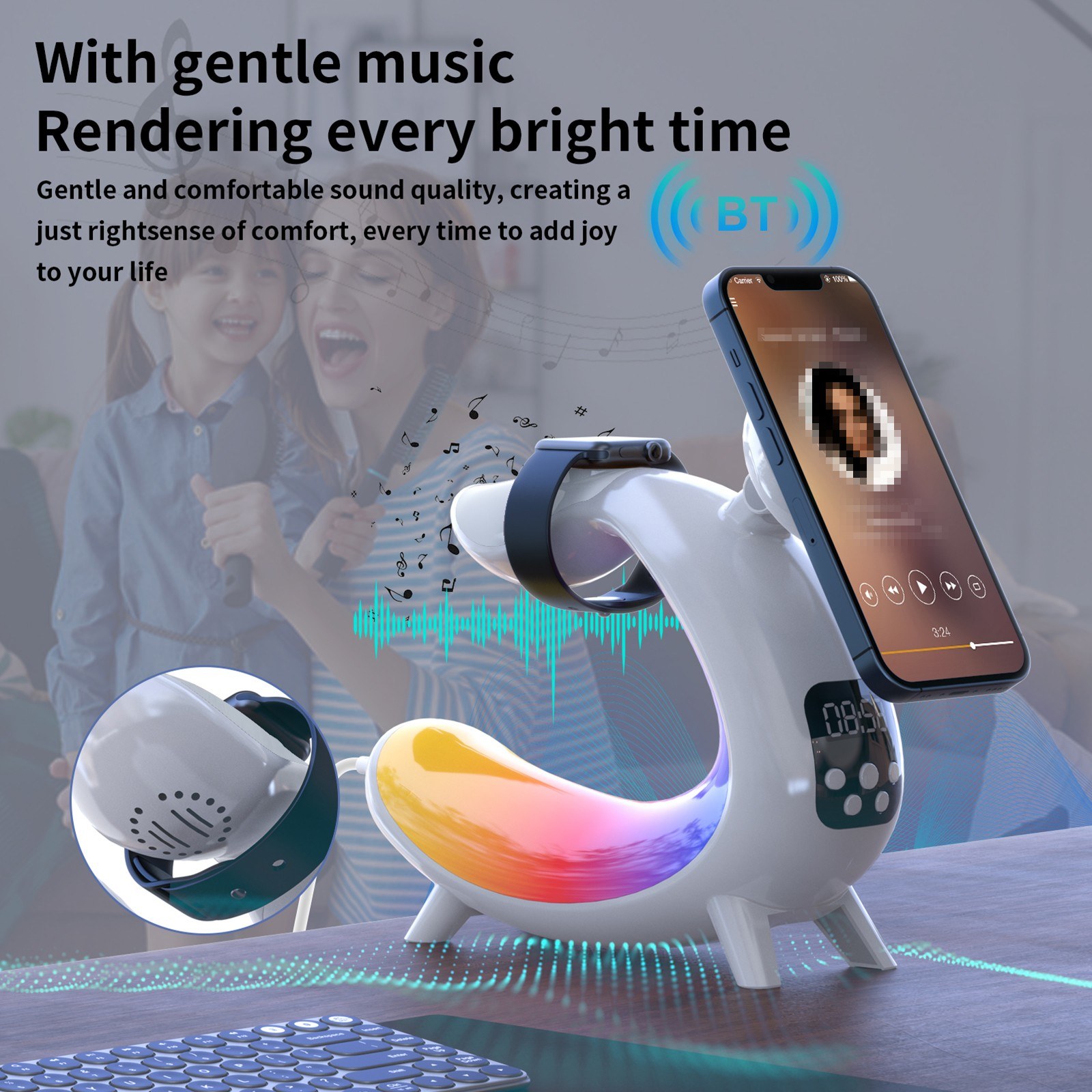 Bedside Table Lamp Colorful Night Light Wireless Charging for Cell Phone Watch Headphones Can be used as BT Audio/Clock/Ambient Light. 