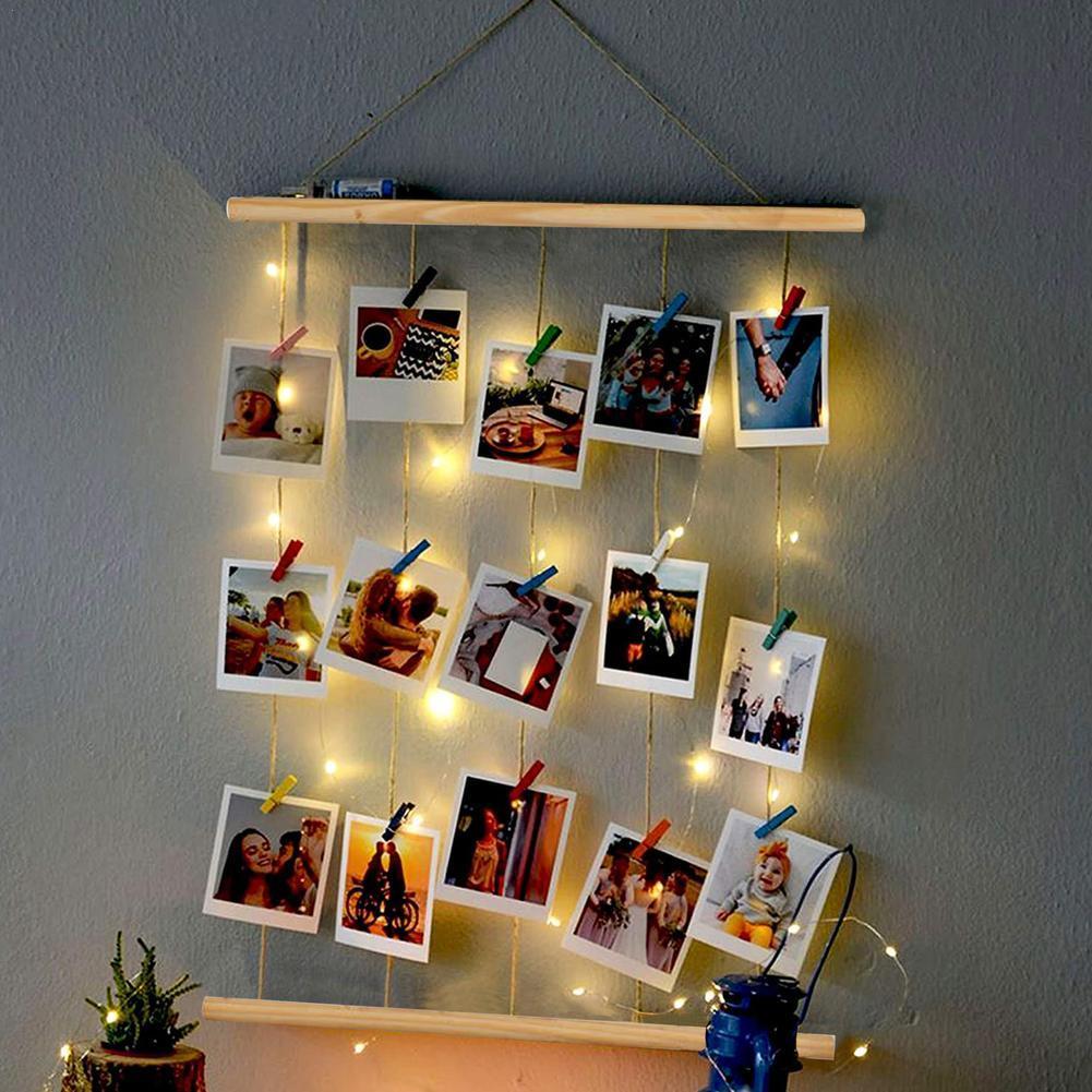 Handmade Wood Drawstring Illuminated Photo Hanger Clips String Collage Display Light Led Clip Photo Hanging Wall Photo Frame--40cm--. 