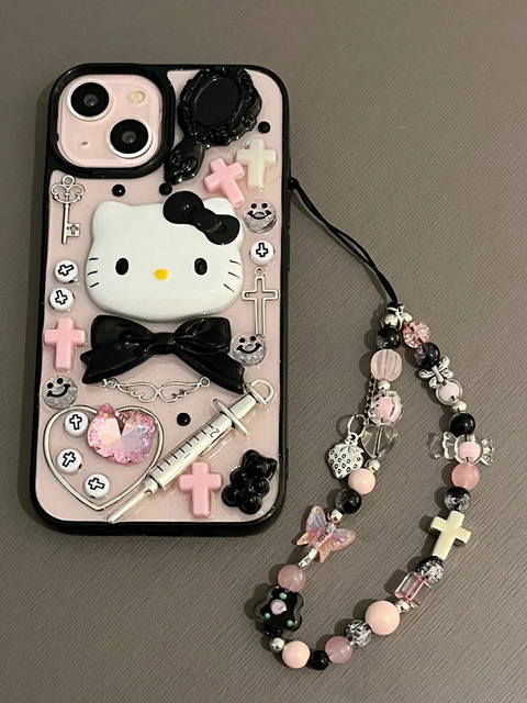 【Emotion HENG】Sanrio 3D Hello Kitty with bracelet clear phone case for iPhone 15 14 13 12 11 pro Max 15pro anti-fall back cover Y2K girl gift. 