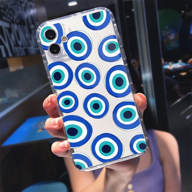 Turkish Lucky Blue Evil Eye Abstract Phone Case Transparent for IPhone 11 12 14 7 15 13 Pro X Max XR Plus Soft Shockproof Cover. 
