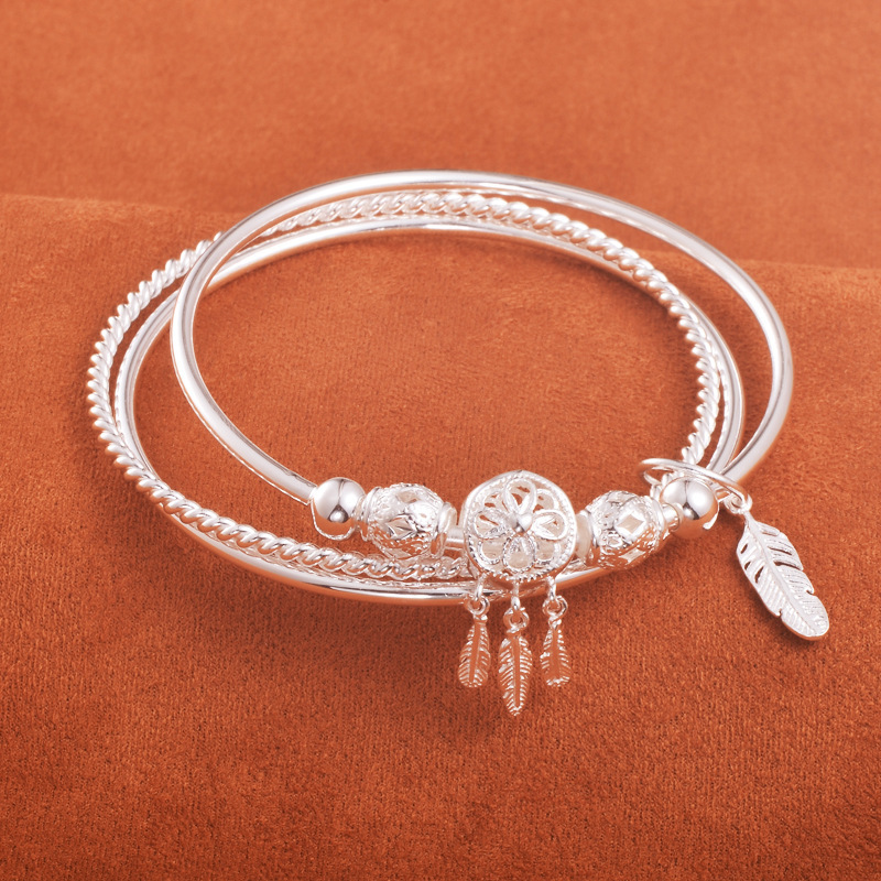 White copper silver-plated 999 silver word print bracelet female three lives three rings young solid dreamcatcher bracelet Internet celebrity