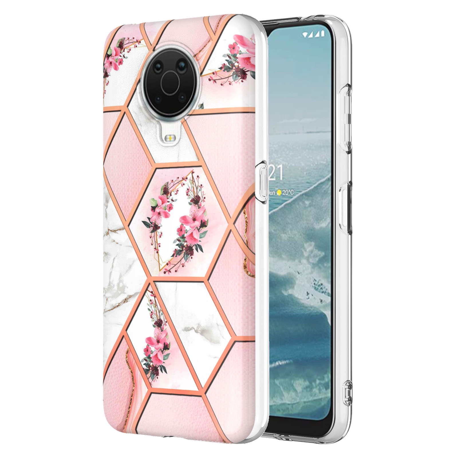 (New)For Nokia G10 / G20 Electroplating Splicing Marble Flower Pattern TPU Shockproof Phone Case