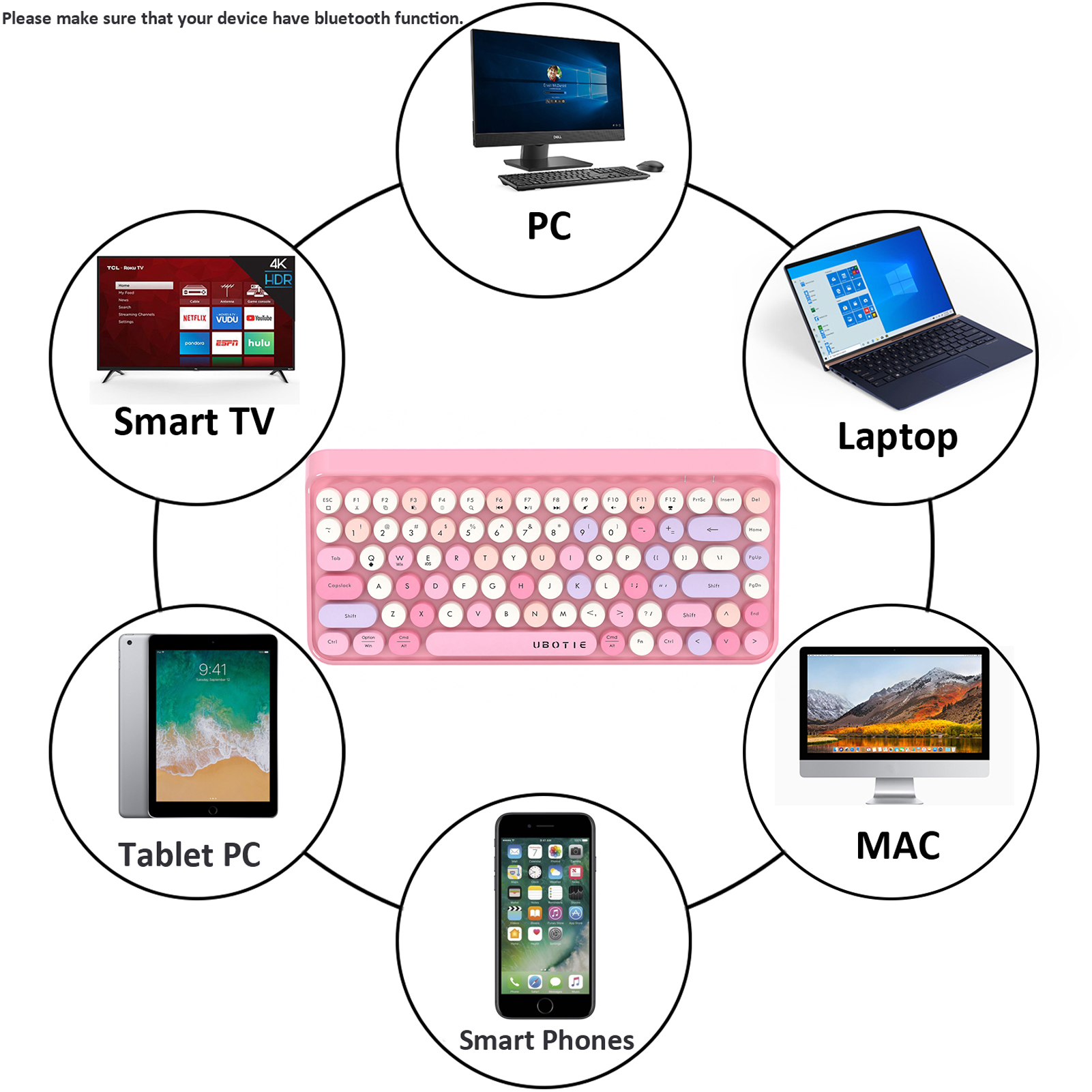 UBOTIE Bluetooth Wireless Keyboard For IOS Android Windows Tablet Colorful Portable Bluetooth Keyboard For iPad Air Mini Pro. 