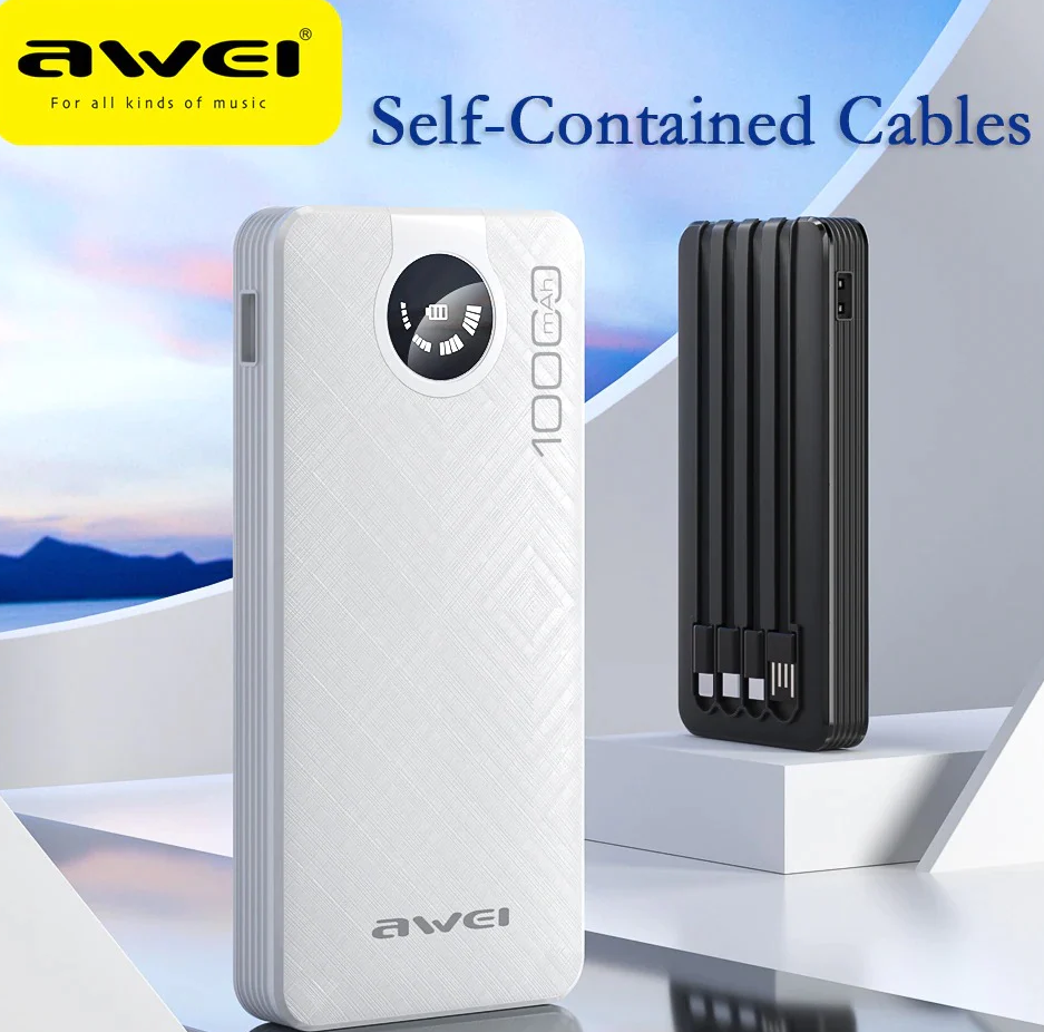 AWEI P133K Multiple Output 10000mAh Power Bank with 4 Self Contained Cables 2A/10W Output