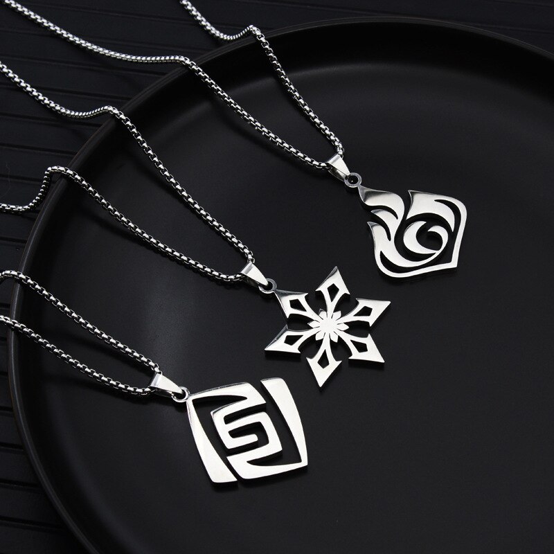 Genshin Impact Titanium Pendant Necklaces Element Pyro Hydro Anemo Electro Dengro Cyro Geo Hutao Boo Jewelry for Players Fans. 
