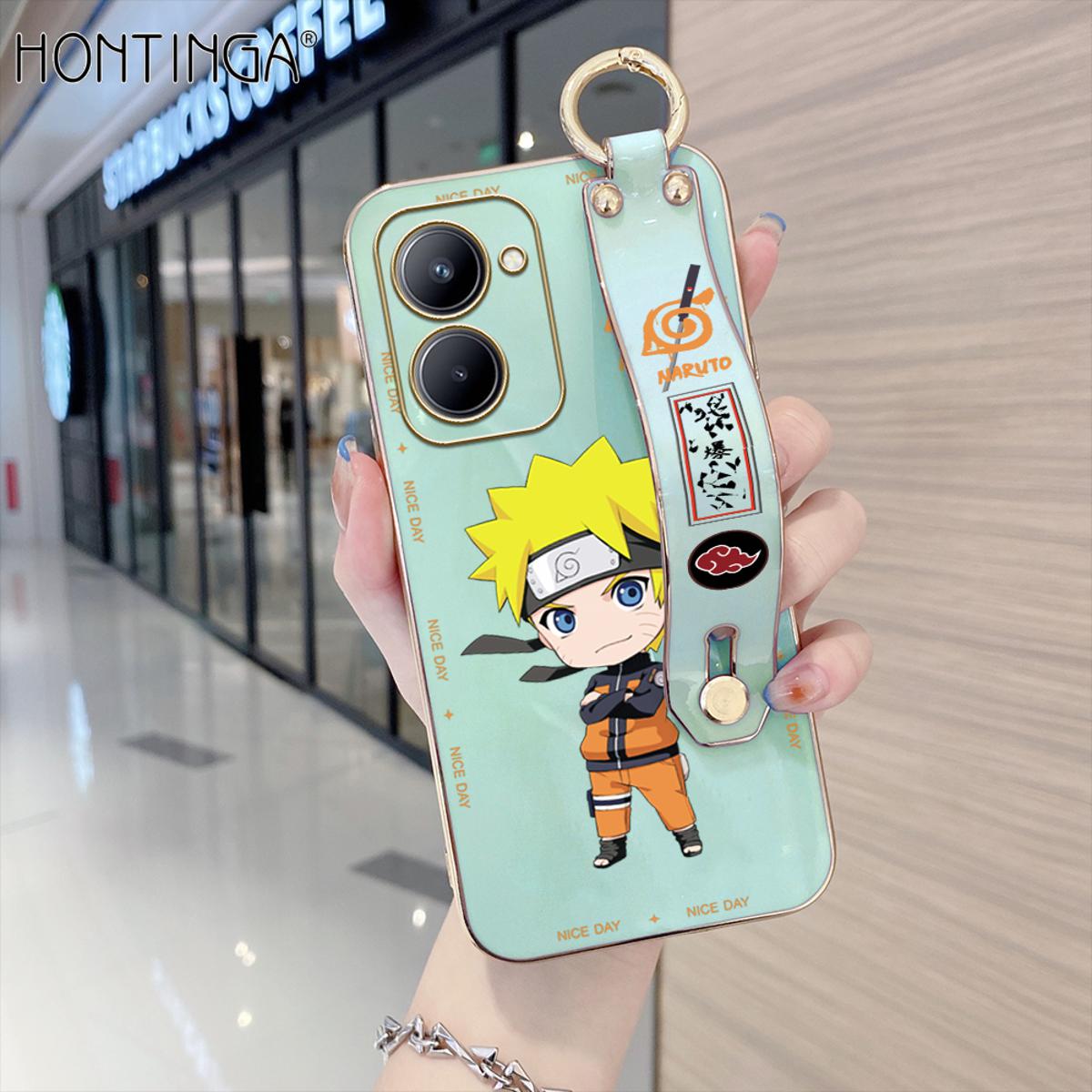 Hontinga for Realme C33 Back Cover With Wristband Luxury 6D Plating Anime Naruto Uzumaki Case Soft Silicone Square Phone Cases