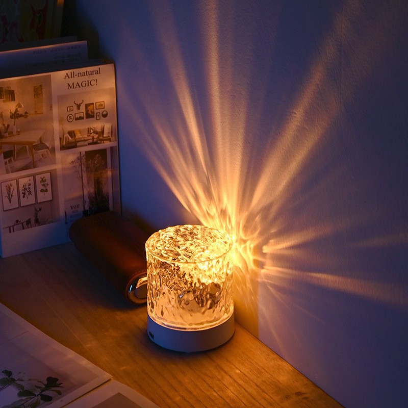 Water Ripple Table Lamp Small Night Lamp Light and Shadow Atmosphere Rotating Projection Aurora Flame Ambience Light Bedroom Bedside Gift Lamp. 