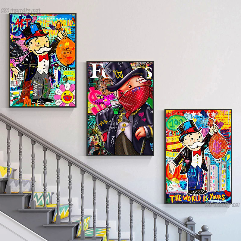 Pop Art Alec Monopoly Hold A Money Bag Posters Boss Rich Man with Mask Graffiti Canvas Painting The World Is Yours Cartoon Mural