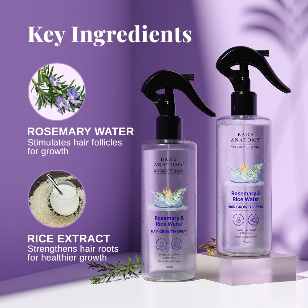 Bare Anatomy Nature x Science Rosemary Water Spray for Hair Growth & Hair Thickness with Rice Water |100% Natural Extract | Soft & Smooth Hair | Controls Hairfall & Adds Shine | Non-Greasy & Fast Absorbing | 200 ml. 