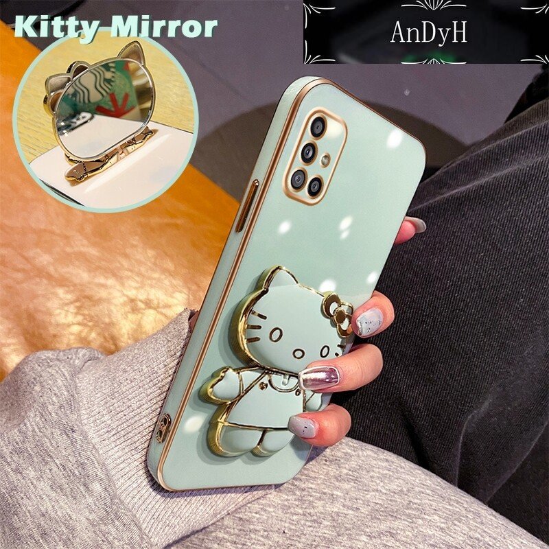 AnDyH Casing For Samsung galaxy A51 4G A51 5G A51 5G UW M40s Case Cartoon Fashion Hello Kitty Plating Reversible Mirror Folding Stand Phone Case Shockproof Phone Casing Full Lens Cover Camera protective Softcase. 