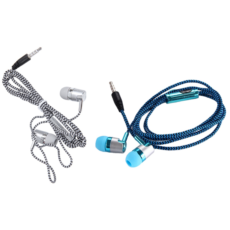 2 Pcs H-169 3.5mm MP3 MP4 Wiring Subwoofer Braided Cord, Music Headphones with Wheat Wire Control, Blue & Silver