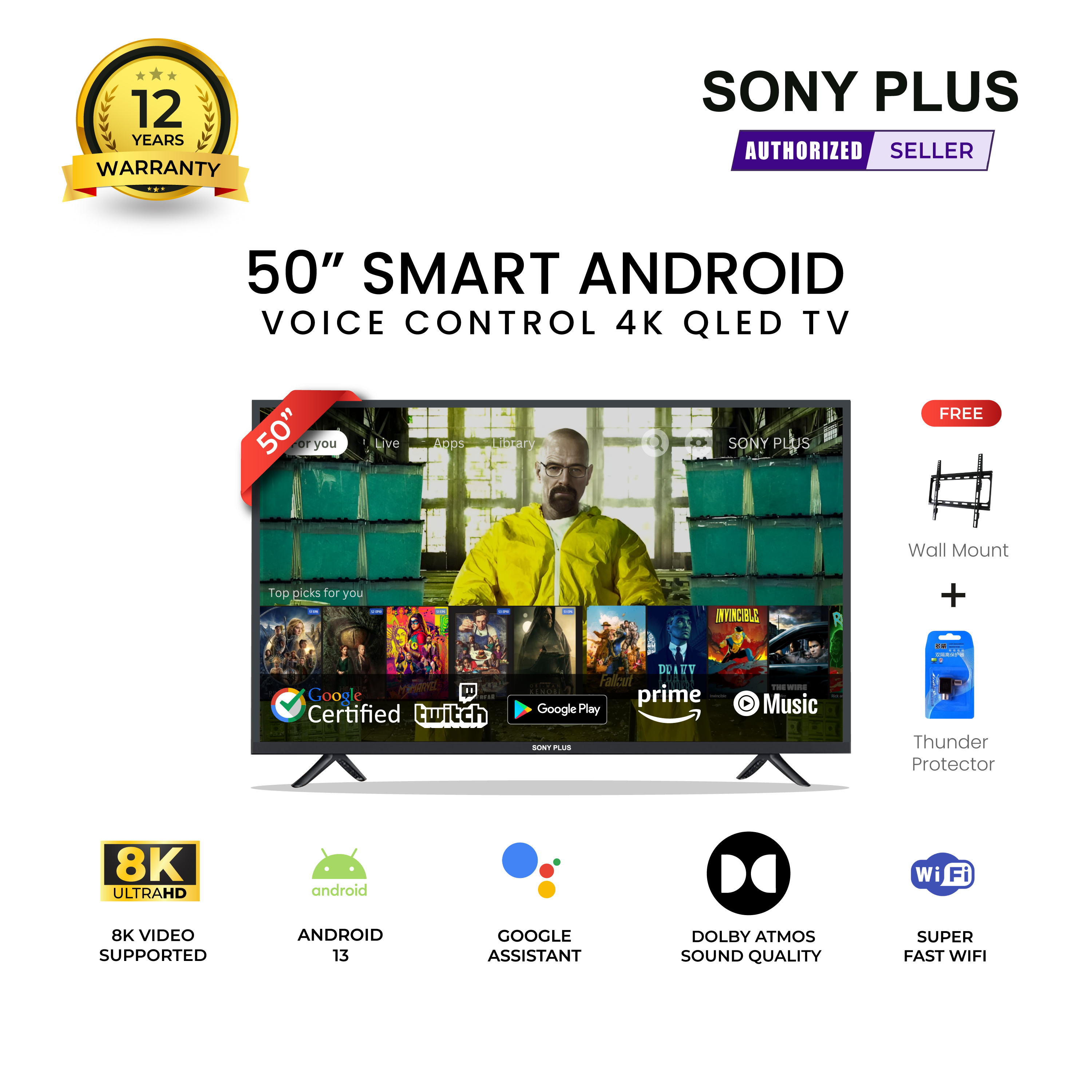 Sony Plus 50 inch Voice Control Smart LED TV Wi-Fi Full HD 4K Supported Android Television