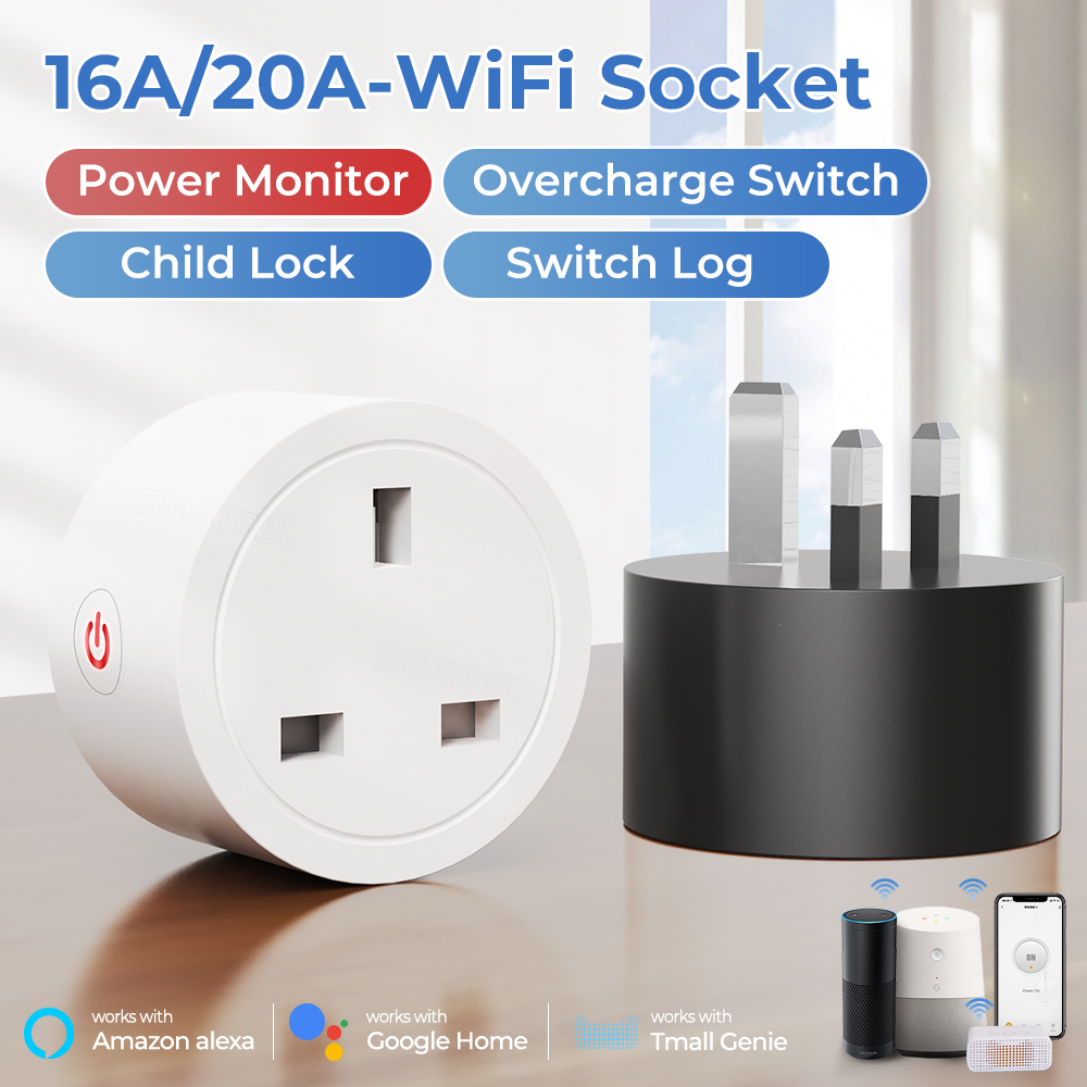 SMATRUL - WiFi Smart Socket - 16/20A - Power Monitor - UK Plug - Wifi+Bluetooth Dual Mode - Tuya/Alexa/Google Home. 