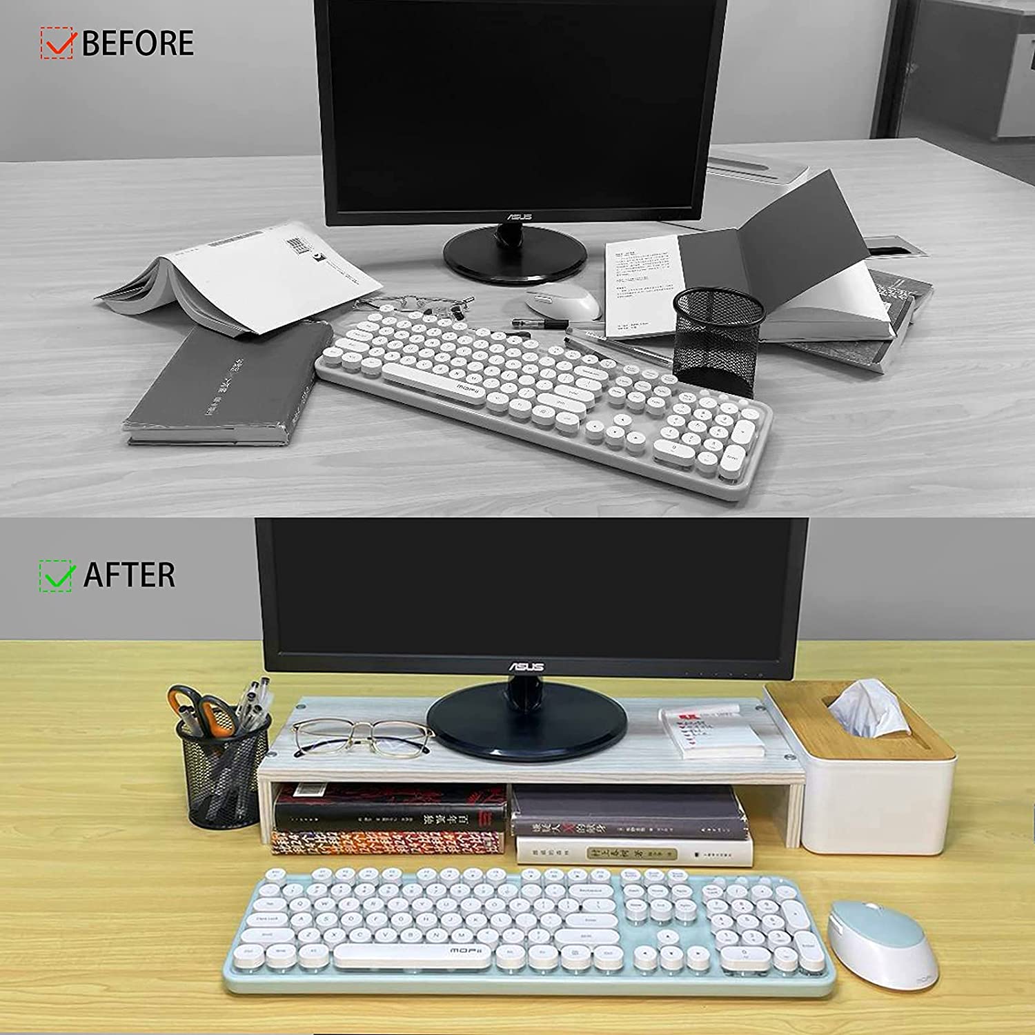 Monitor Riser With Sturdy- Stable Wooden 19.6-Inch Platform Mouse Keyboard Storage Computer Riser Easy Install Laptop Stand Riser. 