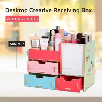 Drawer Diy Wooden Makeup Storage Display Box 3 Drawers Jewelry