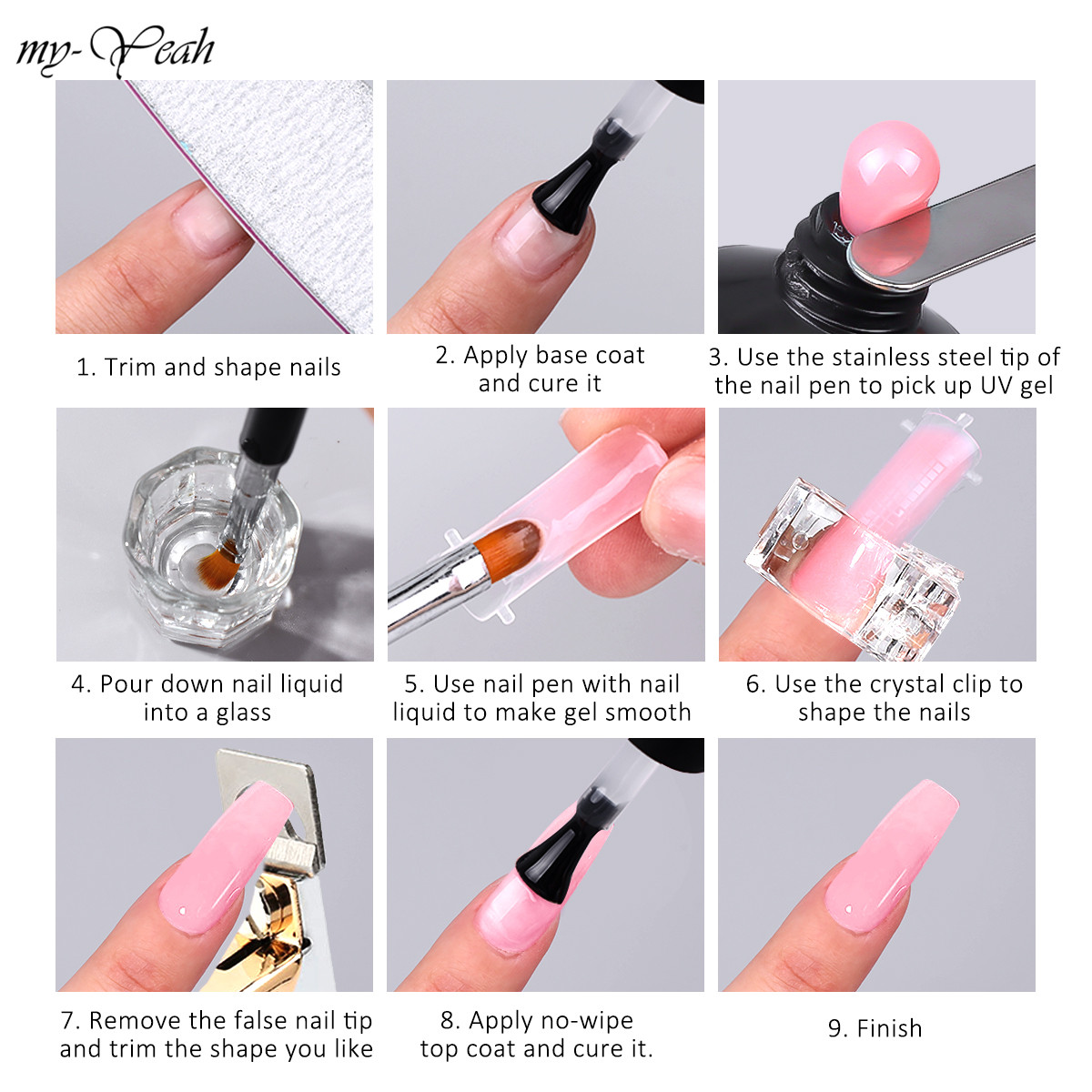 Myyeah 5Pcs/Set Nail Art Extension Kit Acrylic UV Slip Solution Nail Molds Dual End Brush Quick Builder Manicure Set 10Styles. 