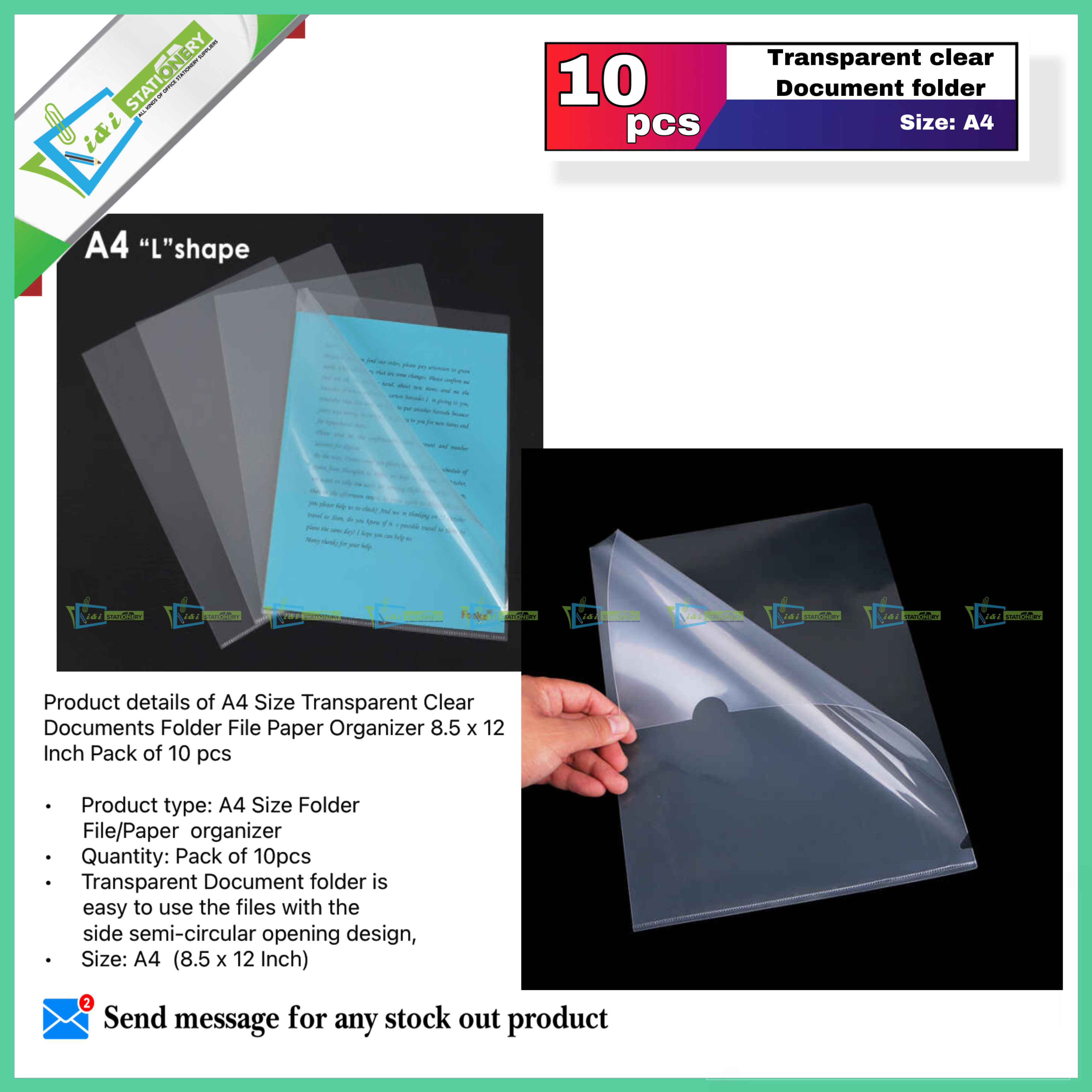 A4 Size Transparent Clear Documents Folder File Paper Organizer 8.5 x 12 Inch Pack of 10 pcs. 