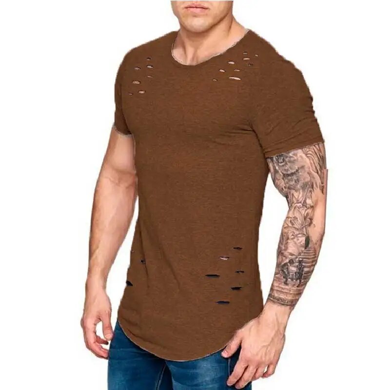 Hole ripped t shirts men short sleeve t-shirt fitness summer clothes men's funny solid tshirt streetwear slim tops tees. 