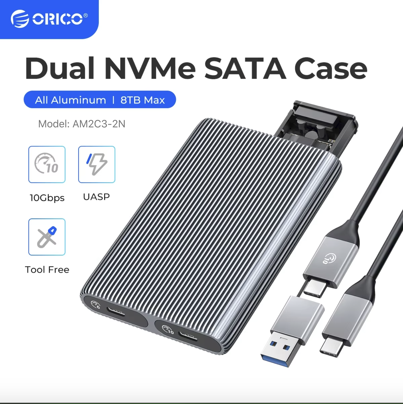 ORICO AM2C3-2SN/AM2C3-2N Dual Bay Aluminum M2 NVMe SSD Enclosure USB3.1 Gen2 10Gbps For M Key M&B Key NVMe PCIe SSD With Built-in Cooling Vest. 