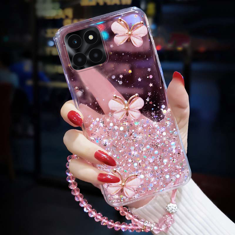 New Phone Case For Honor X8 5G Cover Sparkling Star Moon Soft Silicone Transparent Butterfly + Crystal Chain for Honor X8 Case