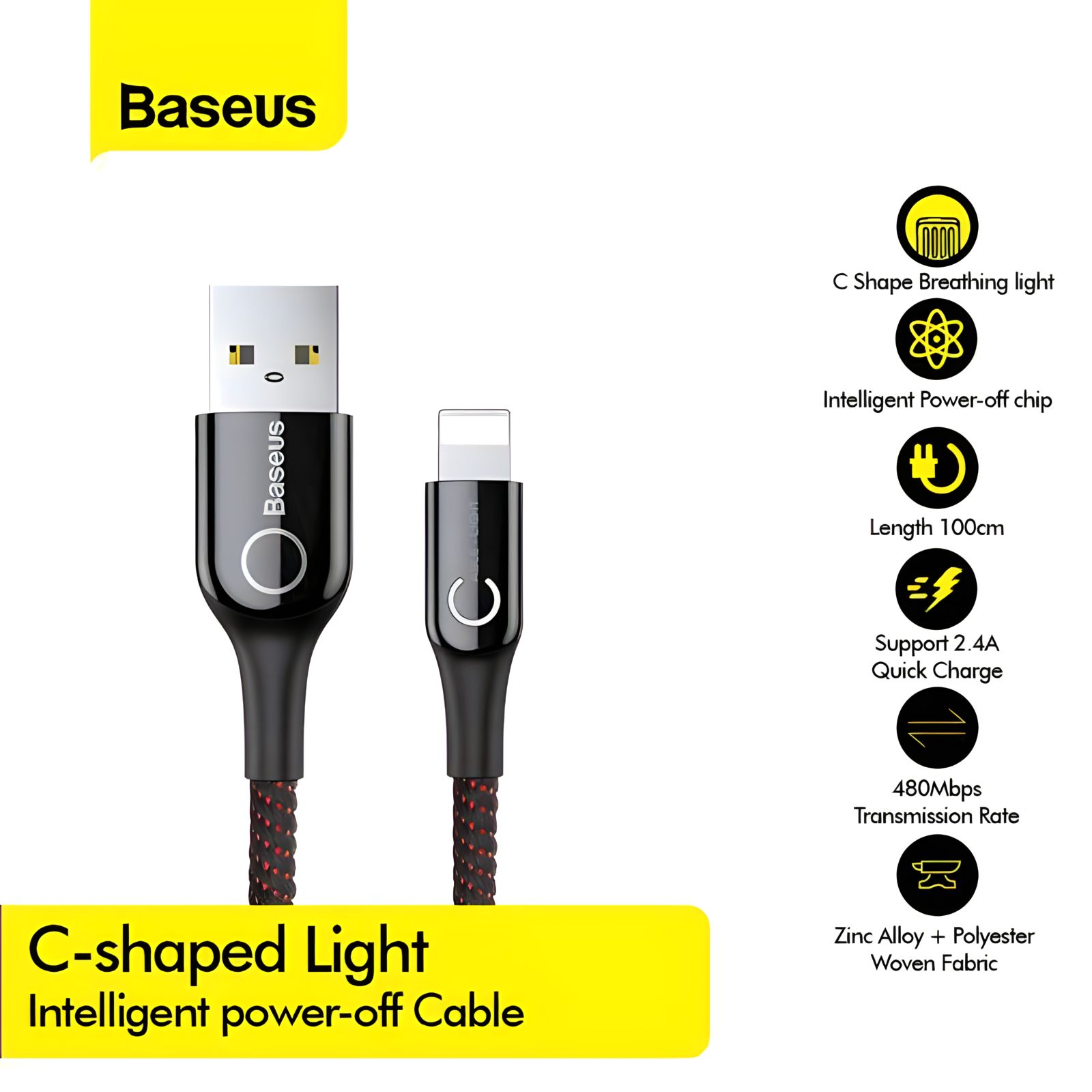 Baseus C-Shaped Light Intelligent Power-Off iPhone Lightning Cable - 1M