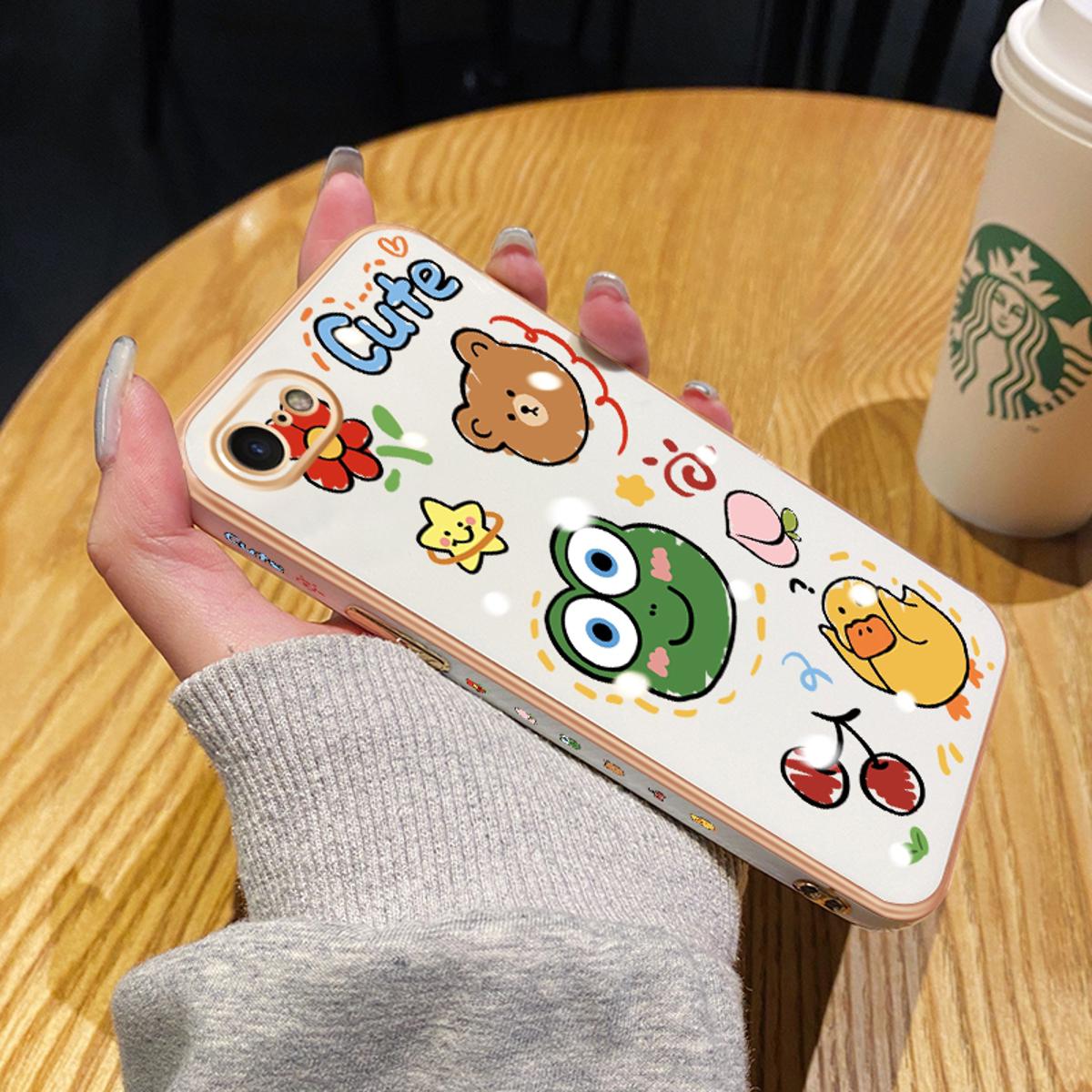 Chenyyka for iPhone 7 Plus Case Cute Frog Side Edge Square New Design Phone Cases Thin Plating Pattern Casing Full Lens Cover Camera Protect Shockproof Softcase
