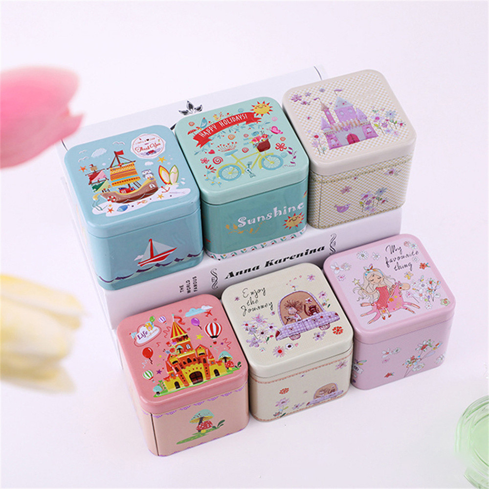 Square shape Cartoon tin box Cute Various colors Miniature design Mini storage can Small size Tin material Colorful jewelry box. 